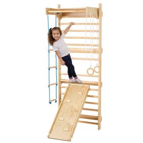 Swedish Ladder Wall Gym, 5 in 1 Wooden Indoor Playground Climbing Toys, 220 lbs Load Capacity Swedish Wall Ladder with Pull-Up Bar, Gymnastic Rings