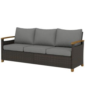 3 Seater Outdoor Couch Sofa, PE Wicker Patio Sofa, Wide Deep Seat, 4" Cushions, Wood-Effect Armrests Legs, Gray (Option: Gray-1190x720x290 mm)