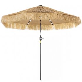 9 ft Hula Thatched Tiki Patio Umbrella with LED Solar Light, Outdoor Umbrella with Crank, Tilt, UPF30+, Khaki (Option: Khaki-1500x210x210 mm)