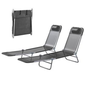 2 Piece Sun Loungers, Folding Chaise Lounge Chairs with Reclining Back, Breathable Mesh Seat, Headrest, Black (Option: Black-680x595x165 mm)