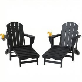 Folding Adirondack Chair Set of 2, HDPE Fire Pit Chair with Retractable Ottoman and Cup Holder, Black (Option: Black-900x420x550 mm)