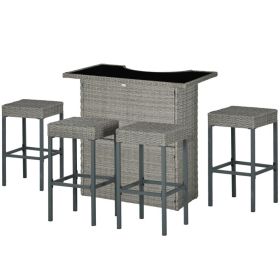 5 Piece Rattan Wicker Bar Set, High Top Outdoor Table and Chairs, Bar Height Patio Set, 2 Shelves & 4 Bar Stools, Gray (Option: Gray-800x400x425 mm)